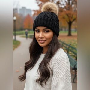 Tahari Black Knit Winter Beanie with Faux Fur Pom Sherpa Lined Casual